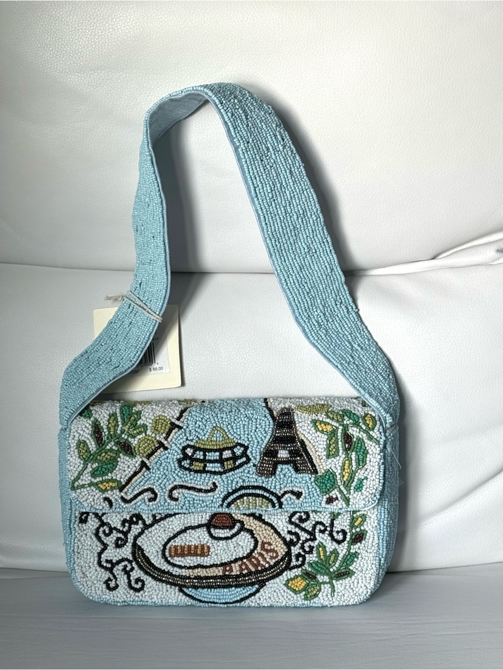 Light Blue Beaded Shoulder Bag with Paris Motif